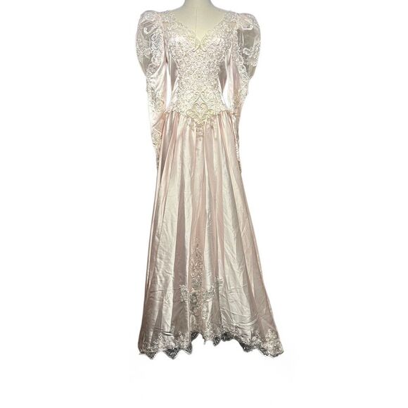 Vintage Ivory Long Puff Sleeve Wedding Dress Size 10 Beaded Lace Trim Embroider - Picture 1 of 15
